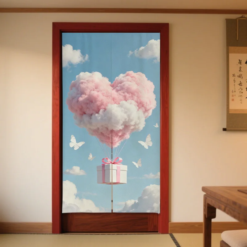 Whimsical Heart Cloud Door Curtain Screen Panel Nursery Decor for Kids Room Doorway Polyester Fabric Pastel Sky Art