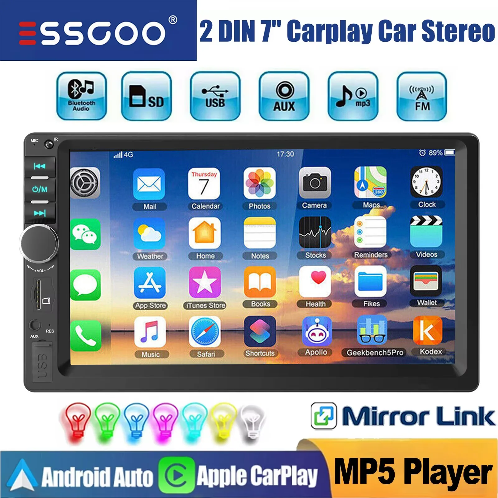 ESSGOO 7-Zoll Doppel-DIN Universelles Autoradio mit Carplay, Android Auto, USB, FM, BT, TF, AUX, Mirror Link, MP5-Player, Touchscreen-Haupteinheit