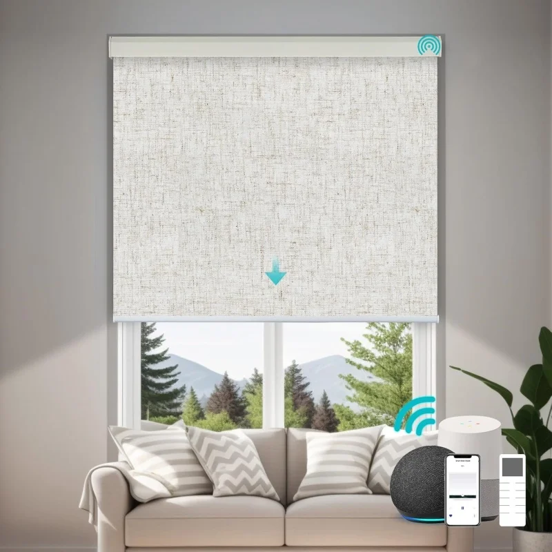 Wholesale Factory Shades 100%Blackout Linen Fabric Voice App Control Time Shedule Rechargeable Electric Roller Blinds For House