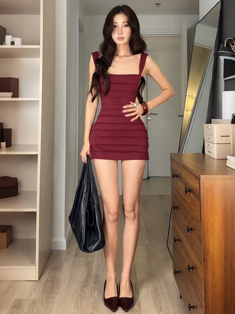 Weird Puss Kleid mit quadratischem Kragen für Damen, mit Ziernähten, ärmellos, einfarbig, sexy, elegant, süßer Stil, schmal geschnitten, für Sommerpartys, Mini-Bodycon – Detail 20