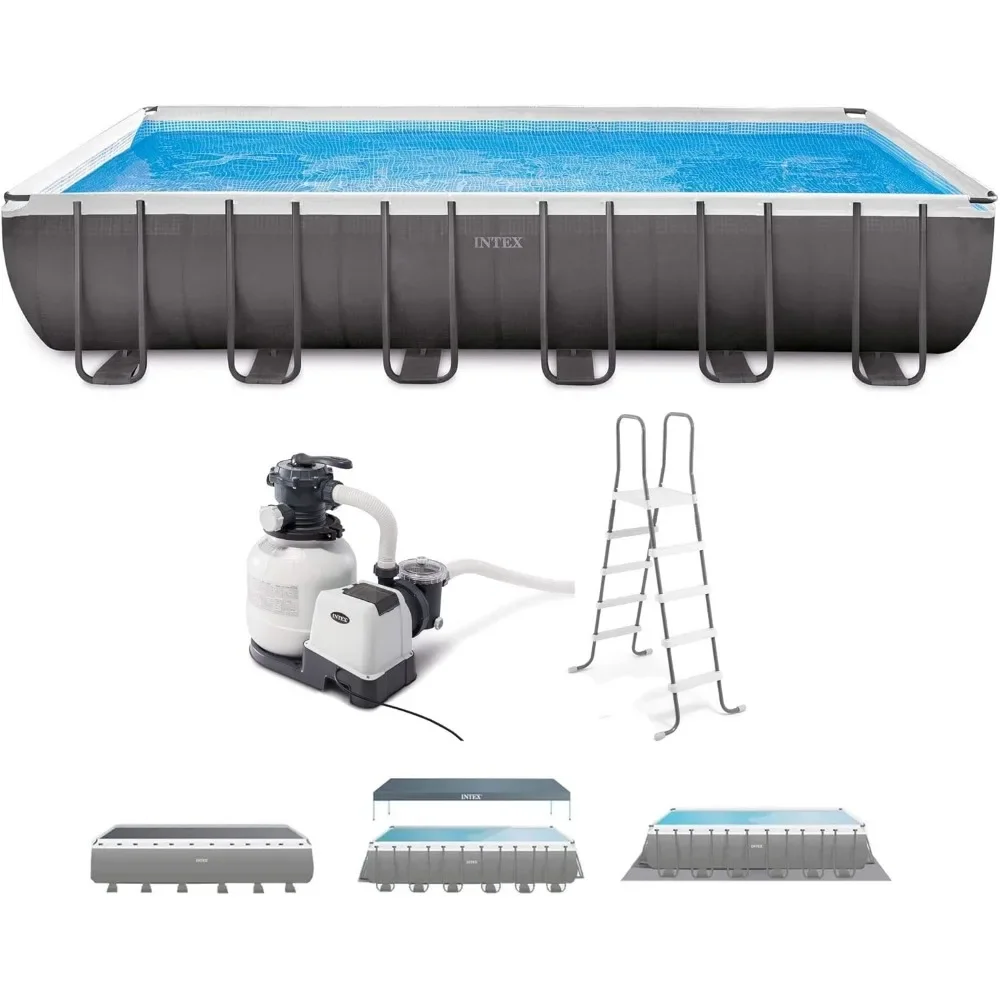 24ft x 12ft x 52in Outdoor above-Ground Rectangular Swimming Pool Set with 2 Lounge Pool Recliner Floats & 72 Can Cooler Float