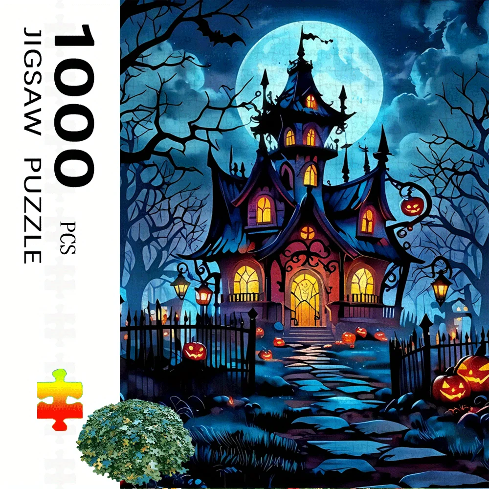 Puzzle na Halloween dla dorosłych - 1000 elementów, straszny dwór z dyniami, nietoperzami i sceną pełnego księżyca - wieczór gier rodzinnych