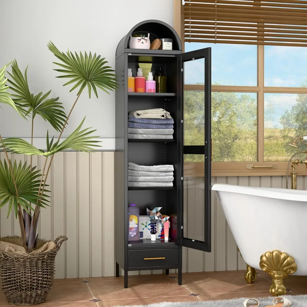 Большой металлический арочный шкаф для хранения со стеклянными дверцами, полками и ящиком для гостиной и кухни