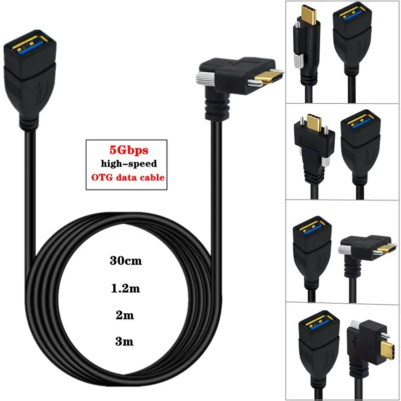0.3m-3m OTG Gold Plated 5Gbps USB 3.0 Version A Female to USB 3.1 Type-C Elbow Data Cable with Panel Installation Lock Screw