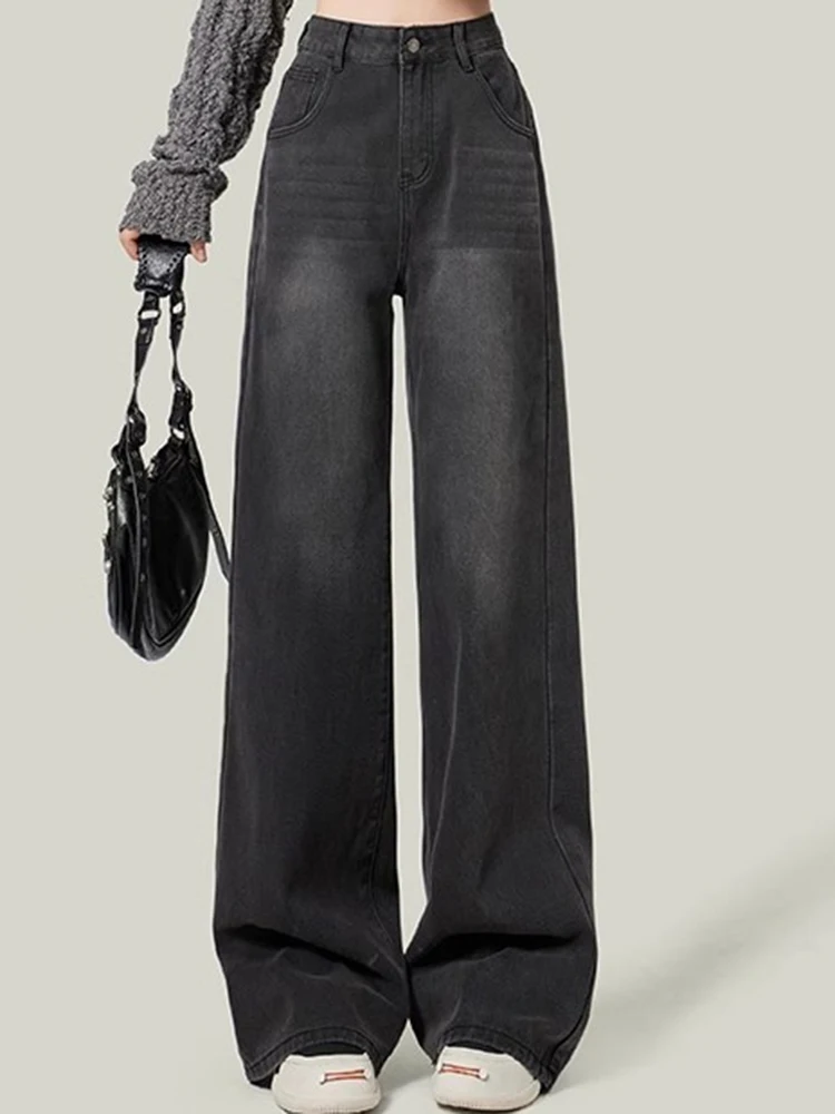 2024 Woman Korean High Waist Jeans Lady Slim Fit Loose Denim Wide Leg Pants Girls Black Grey High Street Straight Leg Trousers