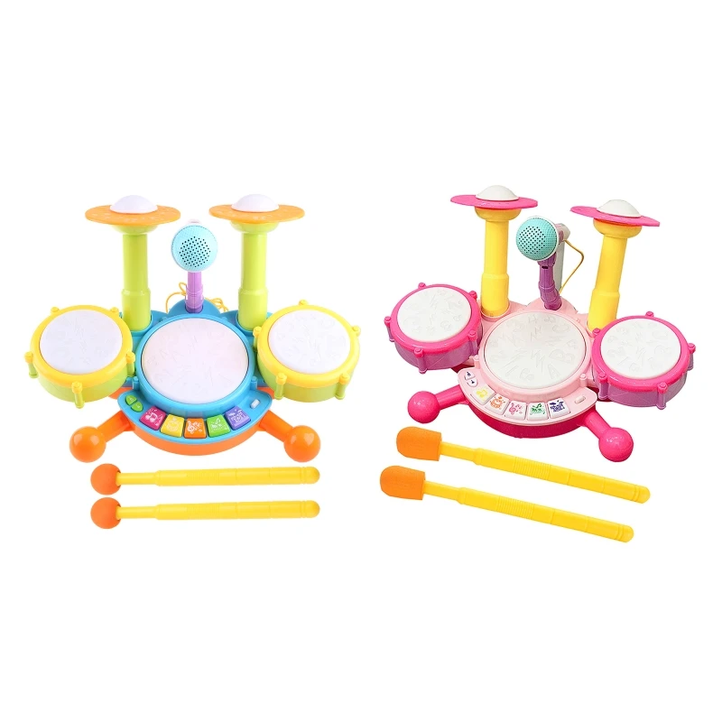 Drum Set for Kids with Movable Working Microphone to Sing Tons of Various Functions and Activity Bass Drum with Lights