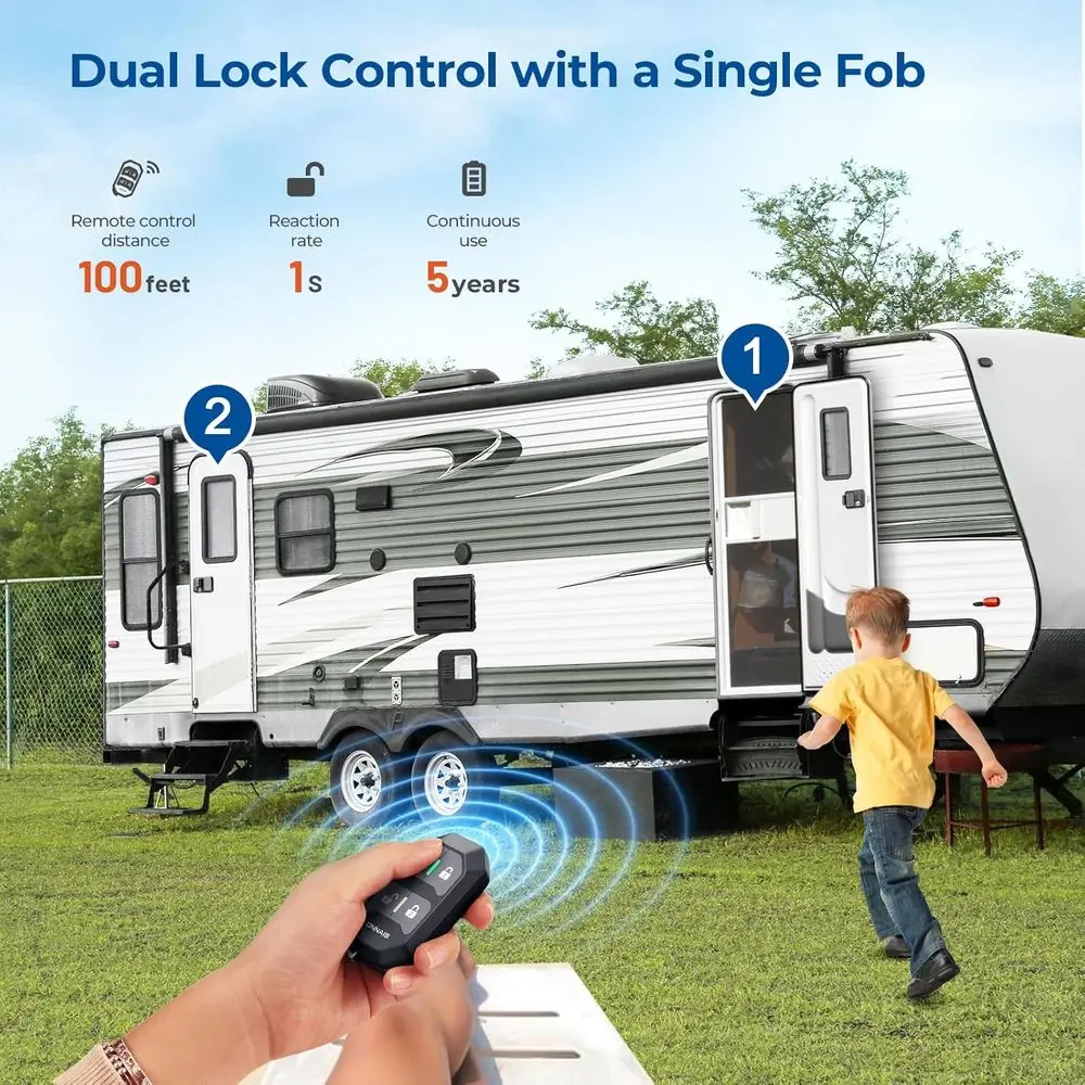 RV Door Lock Replacement – Full-Metal RV Keyless Entry Door Lock with 10 Digits Keypad, Dual-Door Remote Control and Backup Key.