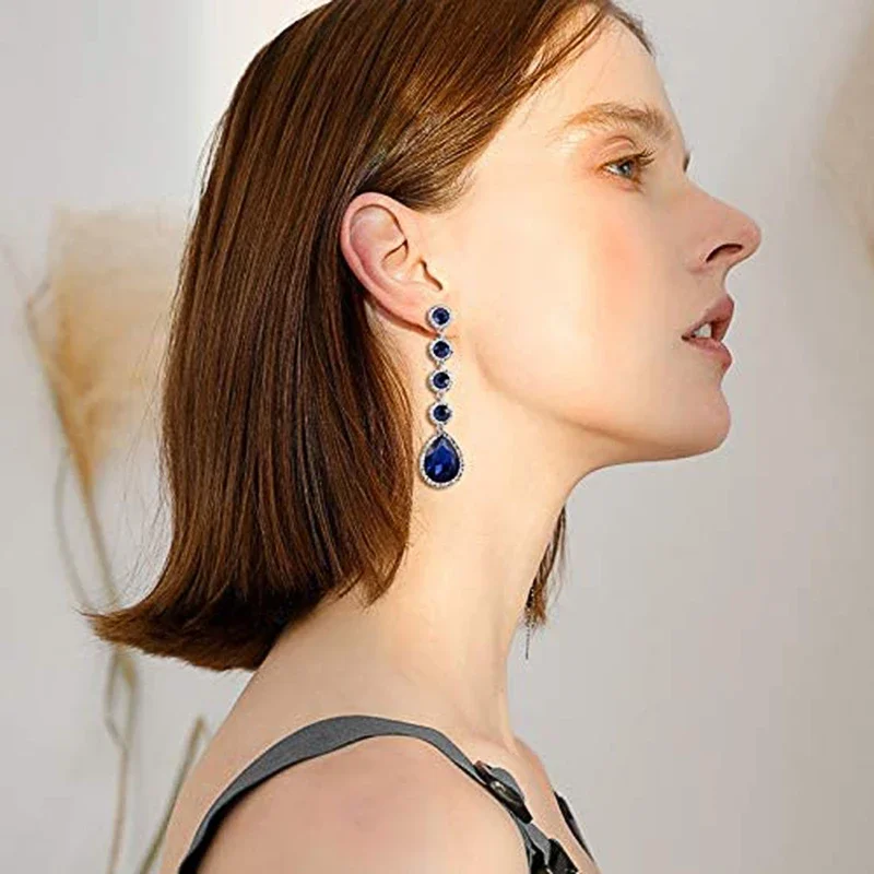 2024 boucles d'oreilles longues en zircone cubique bleue, accessoires de luxe pour femmes, bijoux de caractère pour fête de