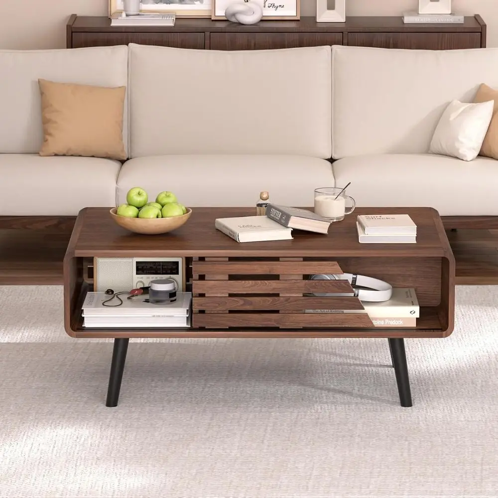 

Century ern Coee Table - Coee Table or Living Room, 39.4" luted Design with Sliding Door Storage & Open Shelves, Wood truction,