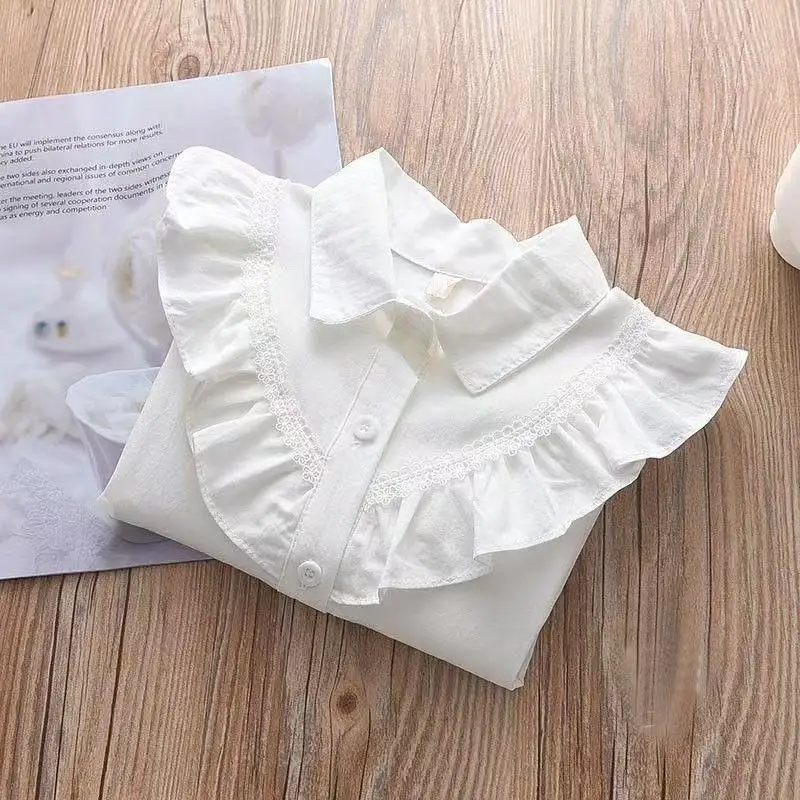 

Girls' Spring and Summer Polo Neck Shirt Children's Solid Korean Edition Long Sleeve Cotton Shirt Top White Student Shirt Lace