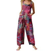 Women Summer Overalls Multicolor Ethnic Style Square Neck Sleeveless Fashion Casual Jumpsuit with Pockets - Image 2