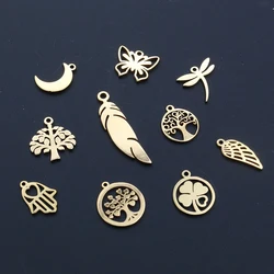 10pcs/lot  316 Stainless Steel Gold Plated Tree Moon Butterfly Small Charms Pendant For Necklace DIY Jewelry Making