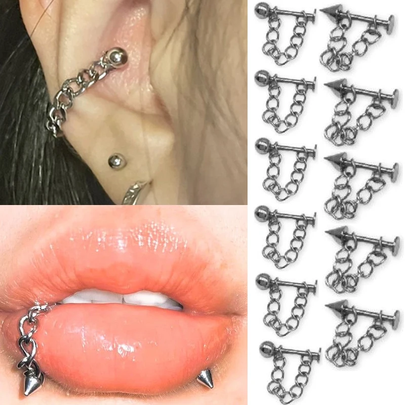 الفولاذ المقاوم للصدأ سلسلة الشفاه مسمار الشرير الحد الأدنى أقراط الغضروف ترصيع انفصال سلسلة الشفاه خواتم للنساء الرجال مجوهرات هدايا