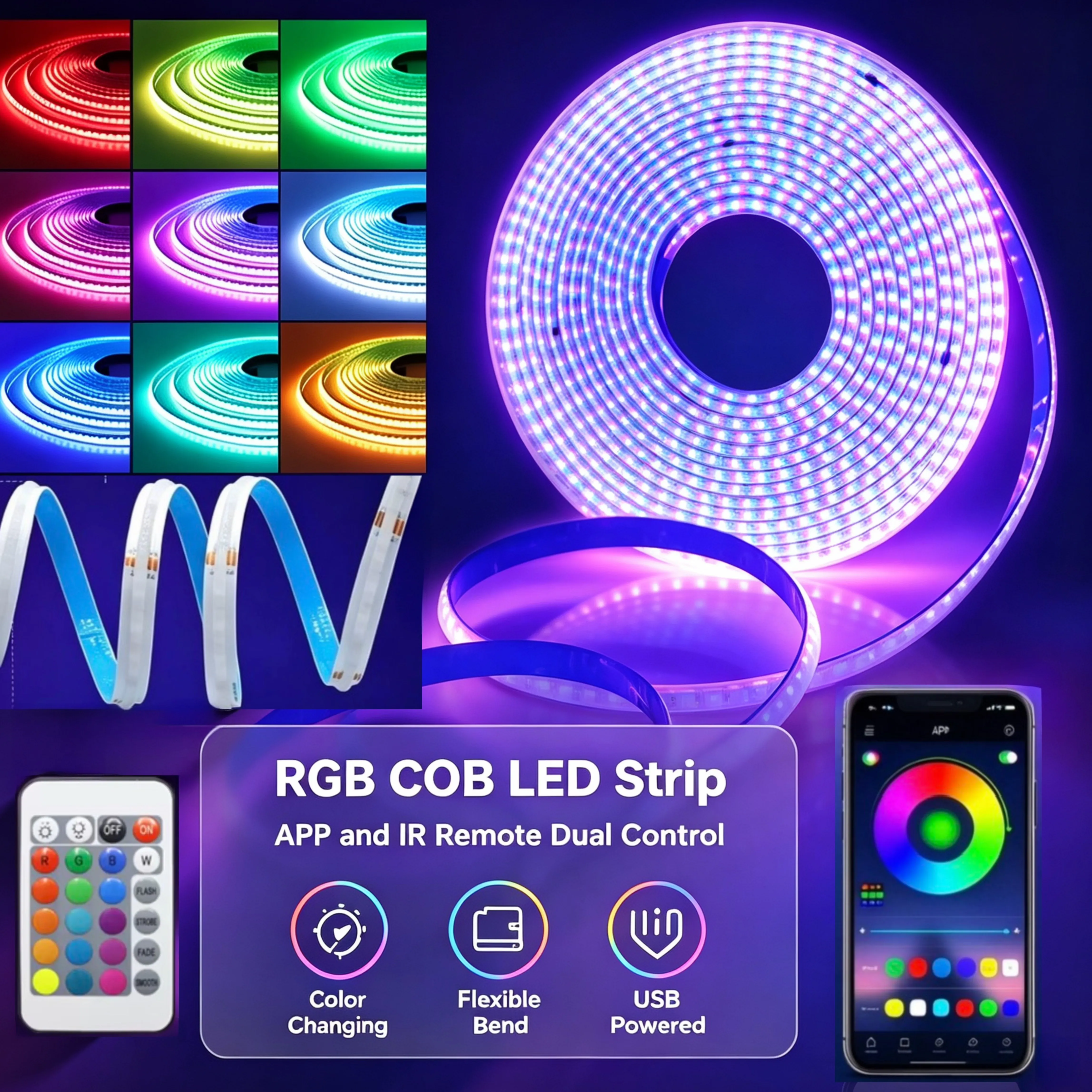 Rgb Cob Light Strip, High-Density Color-Changing Cob Led Light Strip, Dc5V, USB Type-A Interface, Comes with a Multi-Function Remote Control, Supports App Control, Allows for Changing Light Color and Brightness, Music
