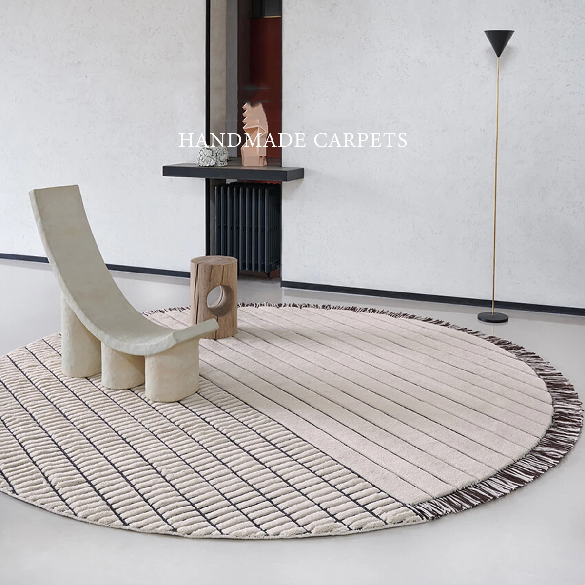 Round Black White Stripe Living Room Carpet Customize Sofa Wool Floor Rug Handmade Simple Retro Bedroom Carpet Luxury Bedside