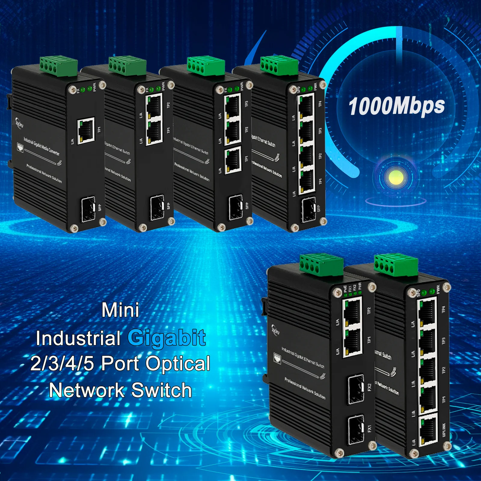 

Industrial 2/3/4/5-Port Optical Gigabit Ethernet Switch with SFP Slot, Plug & Play, Din-Rail Supporting