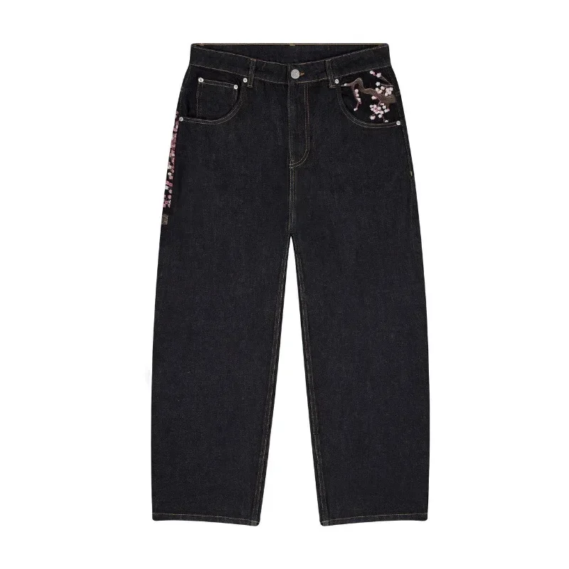 Y2K Goth vintage jeans plum blossom embroidery Harajuku pattern denim fabric wide leg pants American style men women street wear