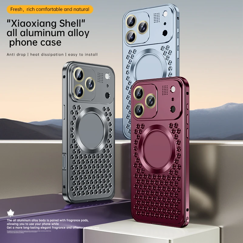 Aromatherapy All Metal Phone Case For Iphone 12 13 14 15 16 17 18 Pro Max Aluminum Alloy Heat Dissipation Magnetic Phone Cover