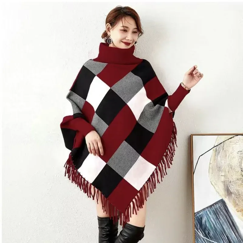 

Women Winter Cloak Soft Knitted Turtleneck Print Tassel Cardigan Capes Shawl Coat Ponchos Female Ethnic Cape Poncho Cloak Q399