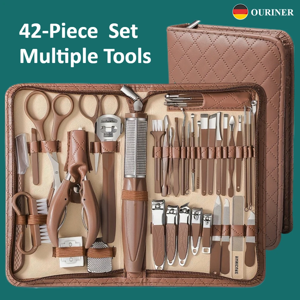 42pcs Pedicure Kit Modern Style Brown 42pcs Stainless Steel Nail Clipper Set, Portable Pedicure and Ear Pick Tools, Home Use Nai