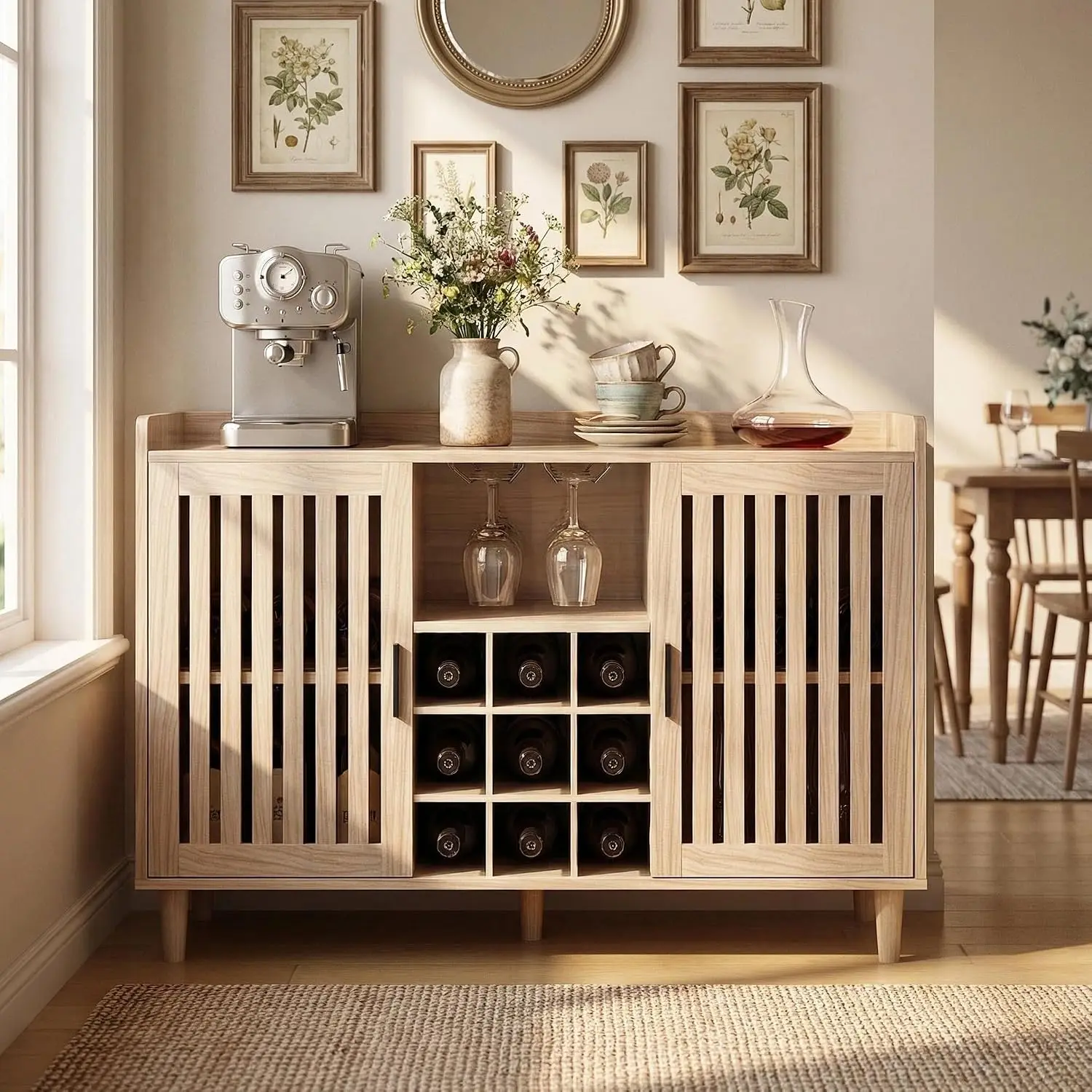 Wine Bar Cabinet Coffee Bar Cabinet with 2 Doors | Farmhouse Sideboard Buffet with Wine Racks & Metal Stemware Holders for Home Living Dining Room Entryway