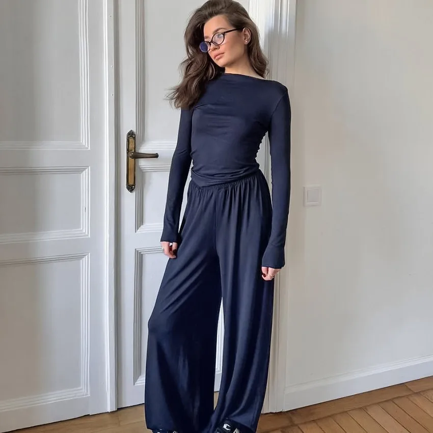 Pj Lounge Pyjamas Crop Top Wide Leg Pants Long Sleeve Full Length Sleepwear Set Solid Color High Waist Ruched Waist Two Piece view 3