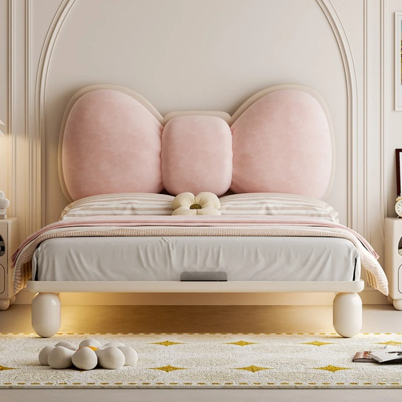 

Детская кровать из массива дерева, мебель для спальни девочки в кремовом стиле, минималистичная кровать-принцесса с обивкой в виде банта.