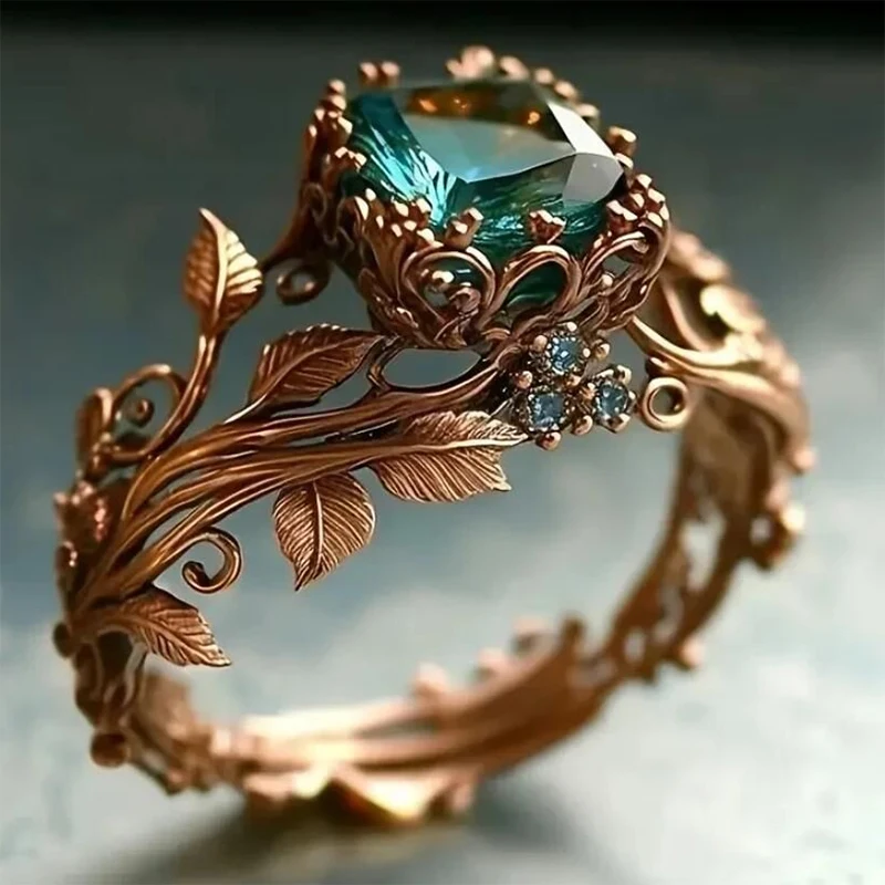 Huitan-Anillo con diseño de hoja de Color oro rosa para mujer, con circonita cúbica cuadrada y verde, joyería estética para fiesta de boda