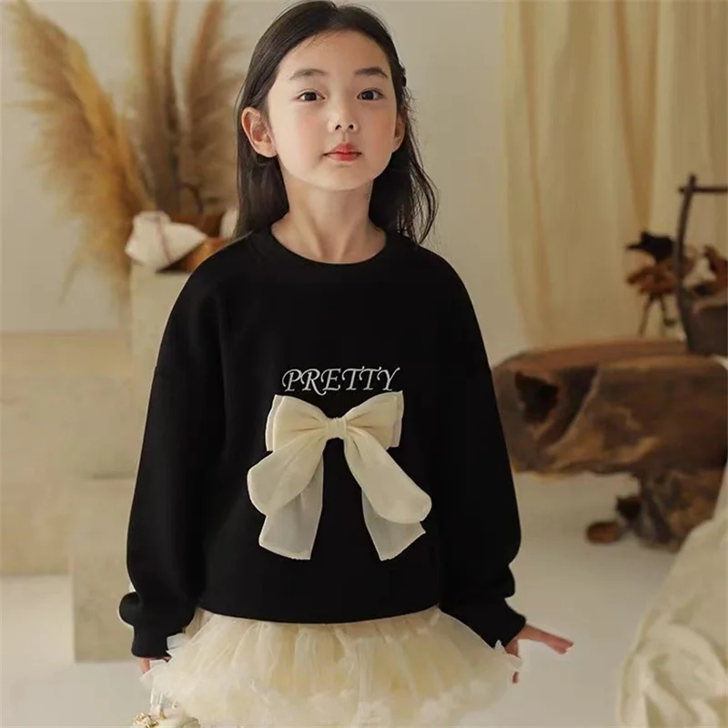 Girl\'s Sweatshirt Children\'s Spring Bow Long-sleeved Pullovers Kids Sweet Casual Hoodless Tops Girls Princess Autumn Clothing