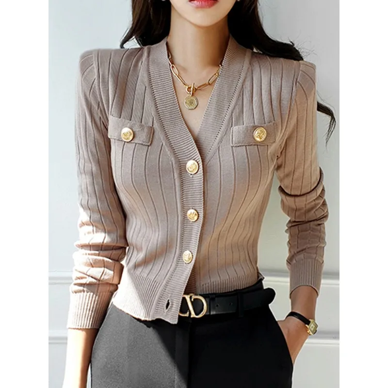 

2025 NEW Korean ic V-Neck Knitted Cardigan Sweater For Women Casual Basic Long Sve Cardigans Autumn Vintage Sweaters Top