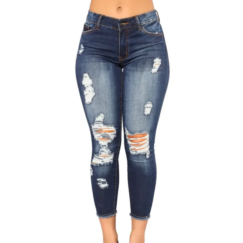 High Waist Elastic Ripped Jeans Women