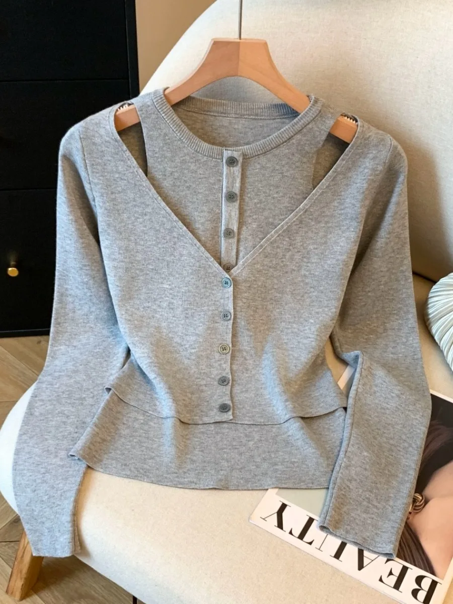 

Ранняя осень, многослойная футболка из двух предметов, облегающая круглая футболка Ne, модный вязаный длинный женский топ све, круглый топ для экипажа Ne