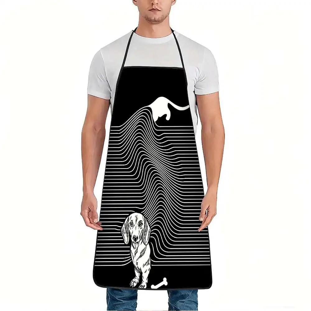 1pc Dachshund Dog and Cat Waves Art Print Apron, Durable and Easy to Clean, Adjustable Waistband, Polyester Material, for Kitche