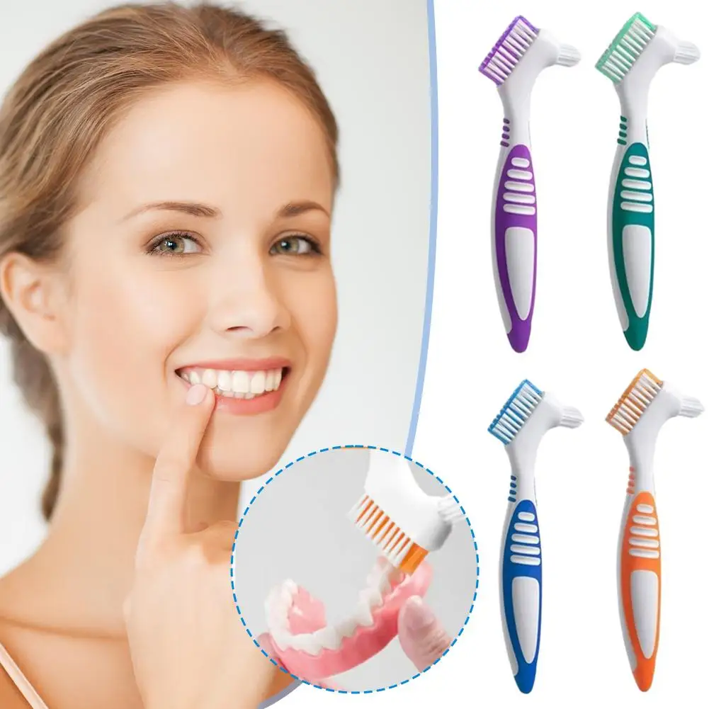 Denture Cleaning Brush False Teeth Brush Soft Multi-Layered Bristles Oral Care Rubber Handle Dual Tooth Brushes Cleaning Tools