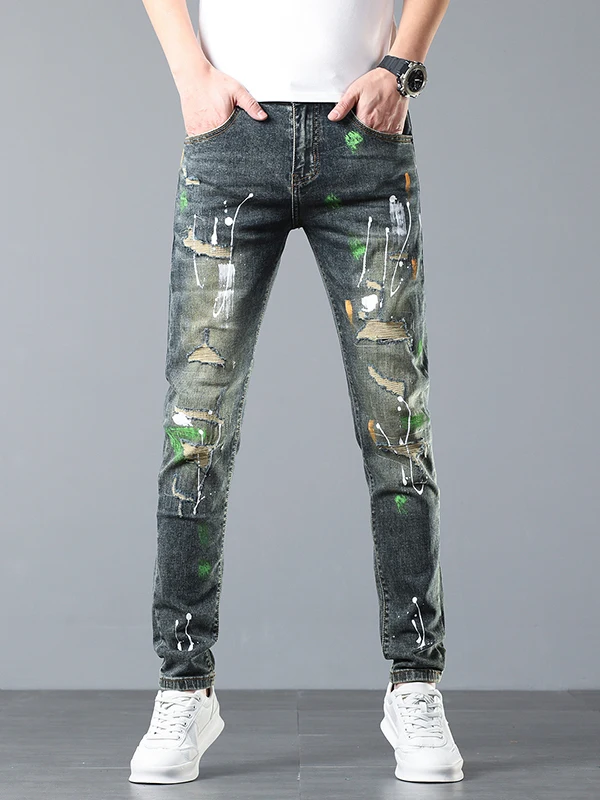 

High-End Street Sle Men's Skinny Jeans Retro Dyeing Hole Punch Patch Cotton Stretch Denim Casual Long Trousers