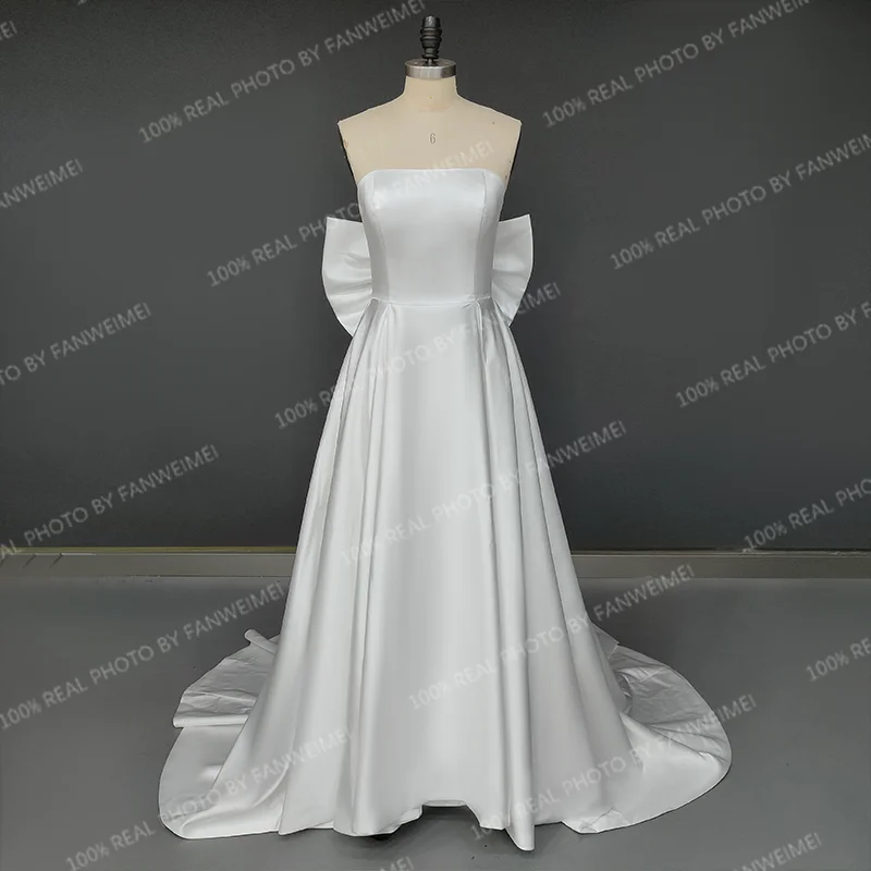 3422 #   Vestido de novia de satén sin espalda, elegante, personalizado, sin mangas, con lazo grande desmontable