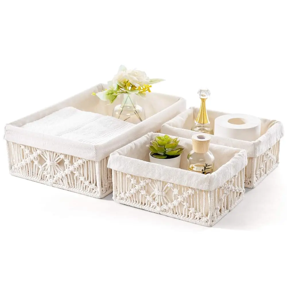 

Macrame Storage Baskets Decor With Removable Cloth Liner Boho Storage Bins Handmade Woven Decorative Countertop Shelf Cabinet