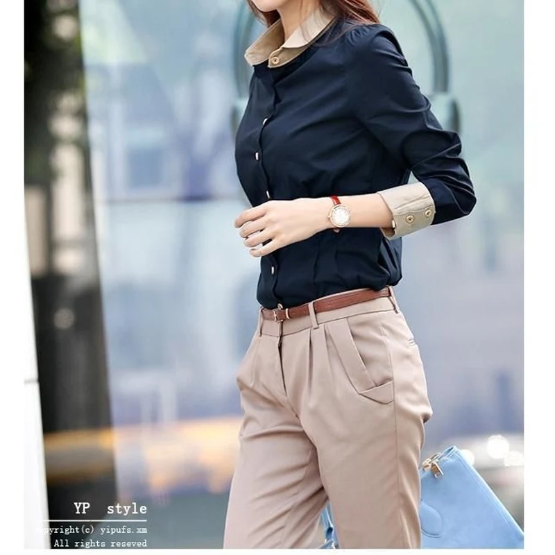 Spring New Contrast Patchwork Shirt Tops Long Sleeve Polo Sleeve Slim All-match Blouse Elegant Fashion Women Clothing