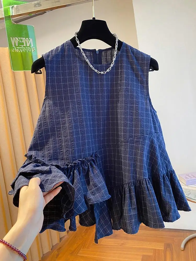 SuperAen Plaid Sleeveless Tops for Women 2026 Summer New Korean Style Loose Edible Tree Fungus Patchwork Tops