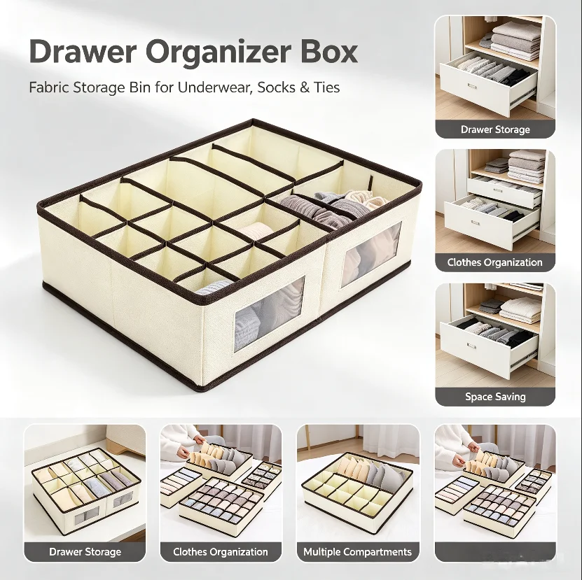 Mibai Meihong Underwear Storage Box Set Four Pieces Fabric Sock & Bra Organizer with 6/7/8/24 Compartments for Home Organization