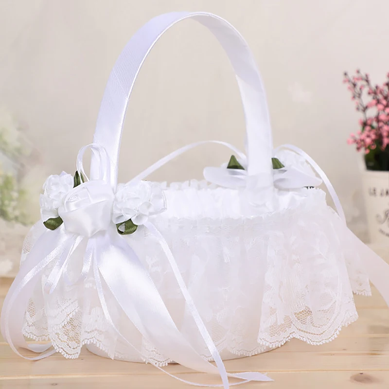 1PC Wedding Flower Girl Basket Satin Flower Baskets Flower Decorative Lace Basket Baskets for Ceremony Home Decorations Props