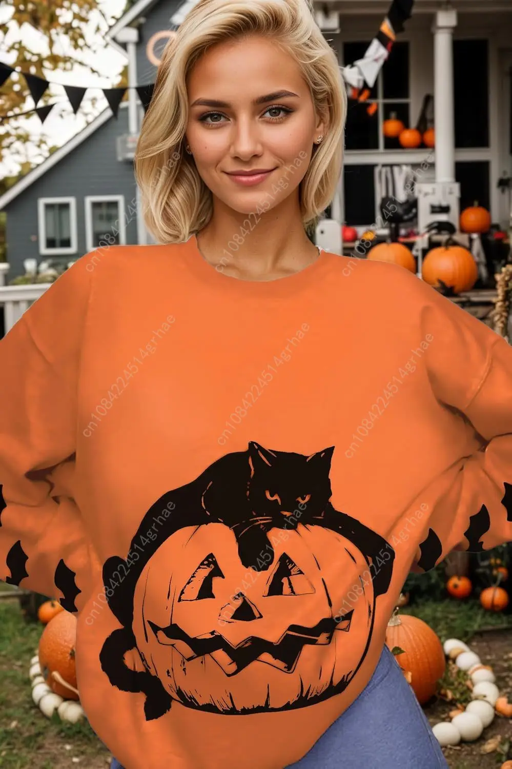 Black Cat on Pumpkin Oversized Sweatshirt Halloween Sweatshirts for Women Fall Pumpkin Face Long Sleeve Pullover Tops