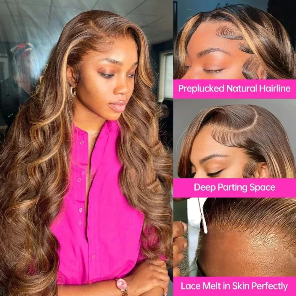 

Парик из натуральных волос P4/27 Highlight Body Wave, 13x6 HD, с прозрачной кружевной передней частью, бразильские волосы Remy, предварительно выщипанные, натуральные