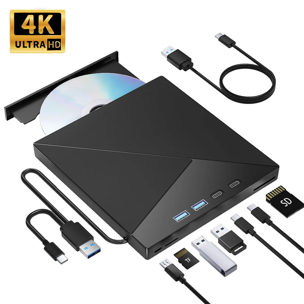 

4K External Blu-ray Drive BD CD DVD +/-RW Player Portable Bluray Burner Optical Drive with USB 3.0 Type-C SD TF Card Slots