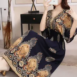 2024 Spring New Casual Elegant Retro Bohemian Style V-neck Elastic Waist Large Swing Printed Long Skirt Autumn Summer Dress