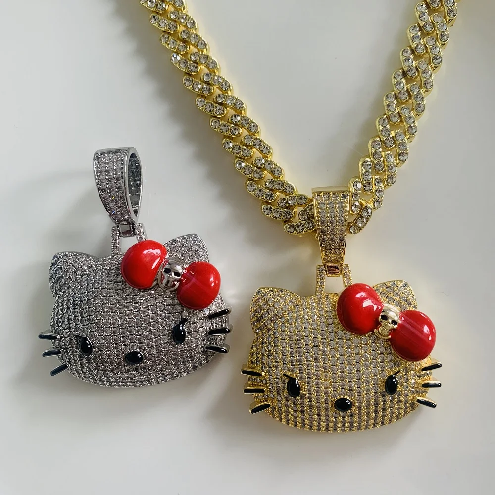 Kawaii Sanrio Hello Kitty Necklace Diamond Hello Kitty Pendant Cuba Chain Hip Hop Anime Jewelry Girl Gift