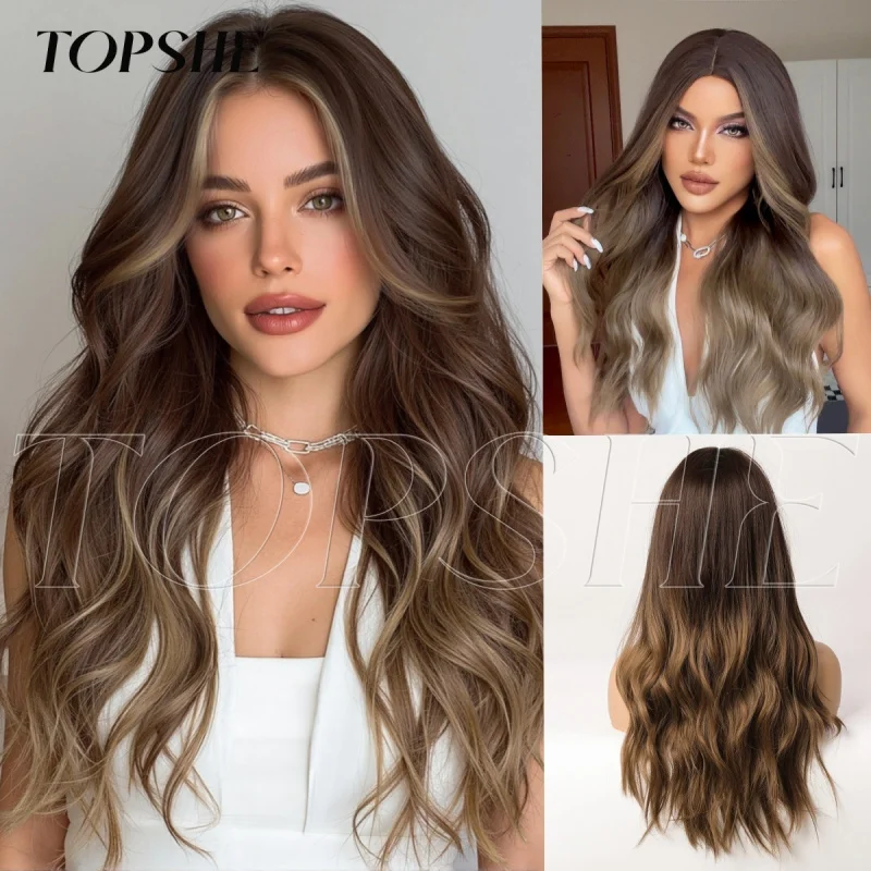 Women's Fashionable Long Curly Wig with Big Waves, Middle Parting, Highlighted Brown, Full Headpiece, Voluminous