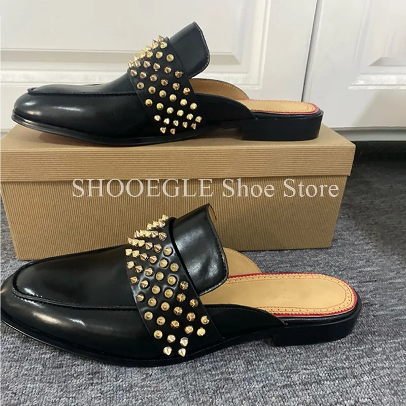 Studded Slippers Flats Toe Half Shoes For Men Loafer Shoes Gold Rivet Small Square Toe Men\'s Shoes Summer Casual Flat Shoes