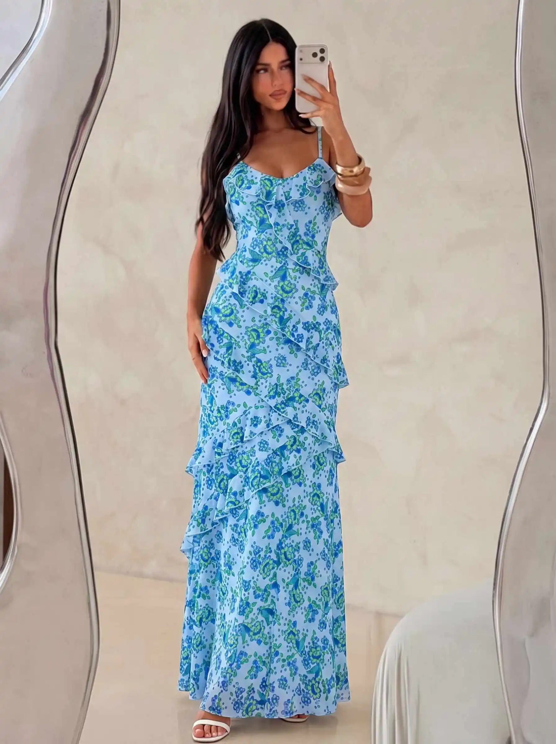 Damen Aquarell-Rosen-Print Cami-Kleid mit Rüschen, Chiffon-Midikleid, Spaghettiträger, fließendes Kleid für Urlaub, Strandparty, Ferien – Detail 13