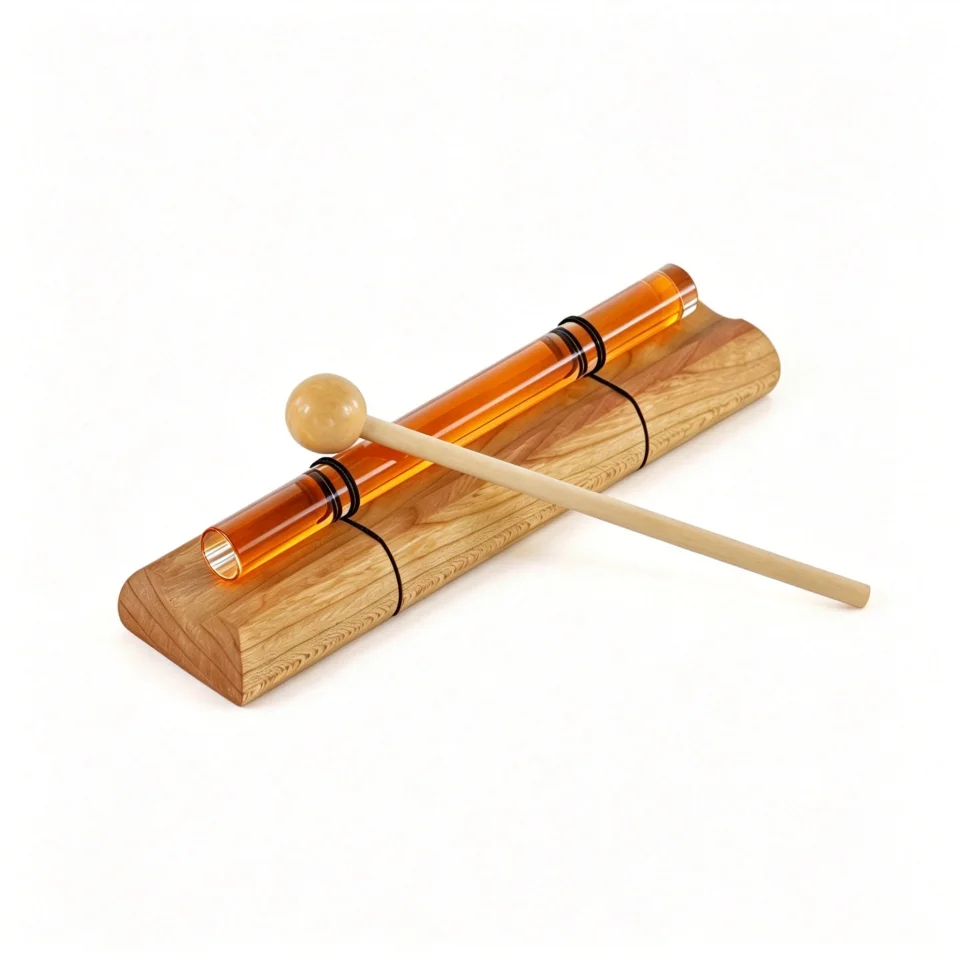 Orange Crystal Sound Tube Set with Wooden Base Mallet Velvet Bag, Quartz Resonance Pipe for Chakra Sound Healing Meditation